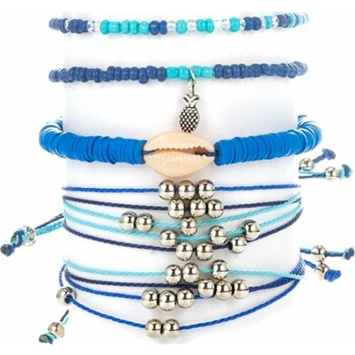 Docona Bohemia Pineapple Beads Shell Charm Bracelets for Women Adjustable Blue Rope Chain Beaded Bracelet Set Boho Jewelry 3256