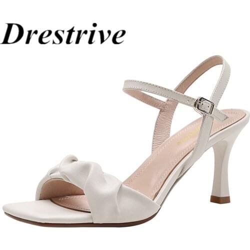 Drestrive Women Sandals Square Toe Buckle Beige Pleated 2021 Summer Fashion Thin High Heel Shoes PU Leather Manual Custom