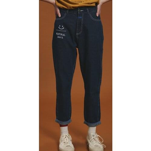Straight Pants Jeans Letter Embroidery High Waist Buttons Dark Blue Jeans Fashion Spring Summer Cuffs Full Length Women Trousers