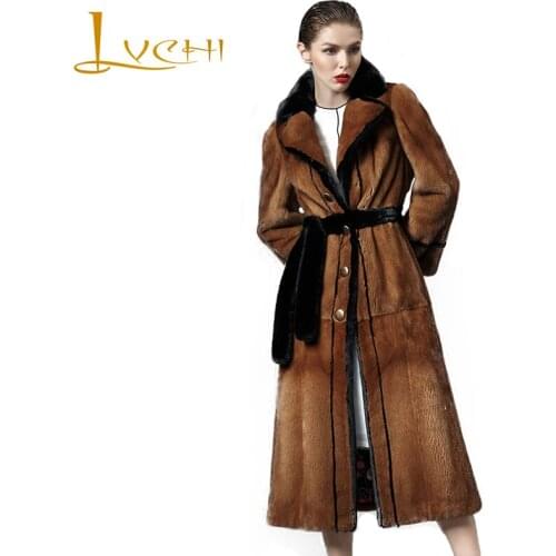 LVCHI Winter 2019 Import Mink Fur Coat Womens Long Sleeve Coat Butterfly Neck Real Natural Fur X-Long Sashes Causal Mink Coats