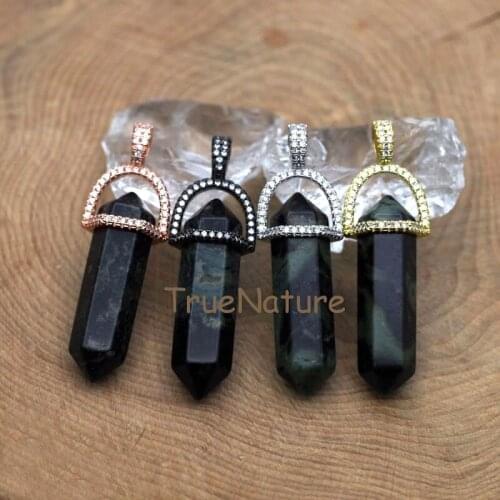 Jaspers Crystal Double Terminated Point Micro CZ Beads Paved Single Bail Bullet Pendant For Jewelry DIY In 45*10 mm PM7409