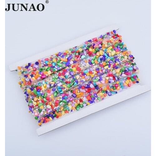 JUNAO 5 Yard *15mm Colorful Hotfix Rhinestones Trim Banding Glass Strass Chain Crystal Tape Iron On Appliques for Fabric Shoes
