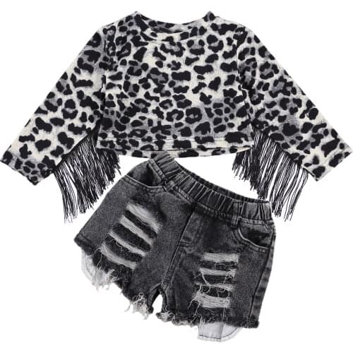 1-6Y Fashion Kids Baby Girls Clothes Sets Leopard Tassel Long Sleeve Pullover T Shirts Tops + Denim Shorts 2pcs Outfits