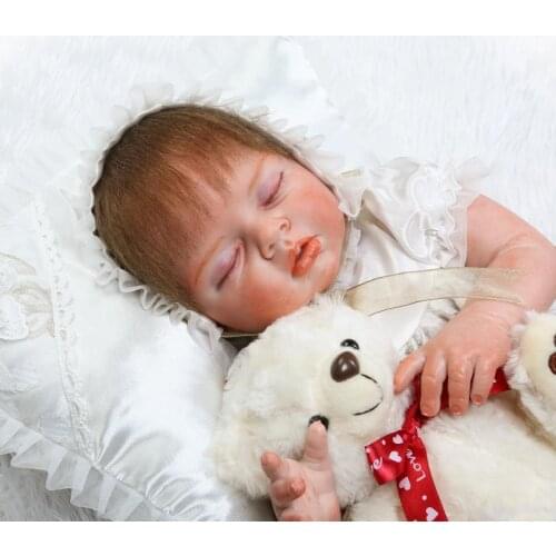 55cm Soft Silicone Bebe Reborn Doll Lifelike Newborn Sleeping Baby Girl with White Dress Silicone Reborn Baby Dolls Fashion Gift