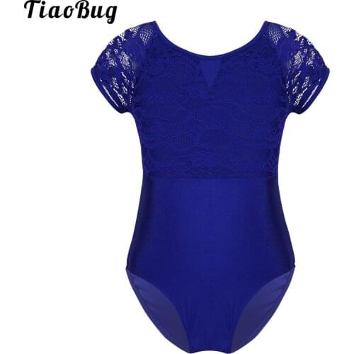 TiaoBug Summer Kids Girls Short Sleeves Floral Lace Bowtie Shaped Back Ballet Dance Bodysuit Gymnastics Leotard Jumpsuit