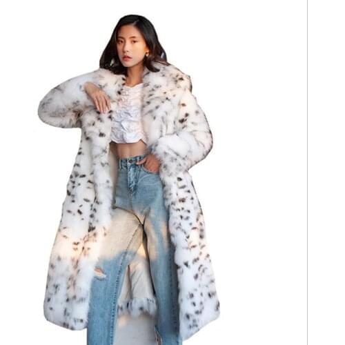 New S/9Xl Women Winter White Hairy Shaggy Faux Fox Fur Leopard Coat Long Sleeve Furry Women Knee Length Jacket Outerwear K1387