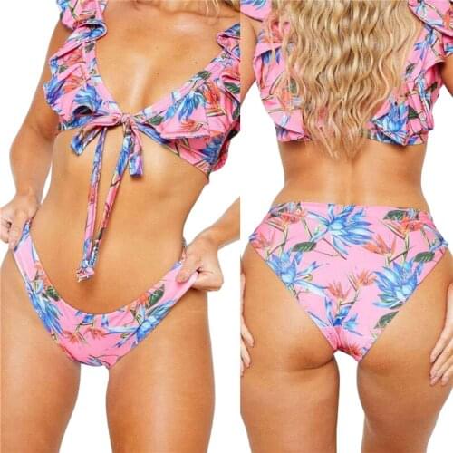 New Arrival Women Bikini Suit Floral Beach Wear Ruffle V-Neck Cropped Vest High Waist Pool Party Thong 2 Pieces Bathing Suits