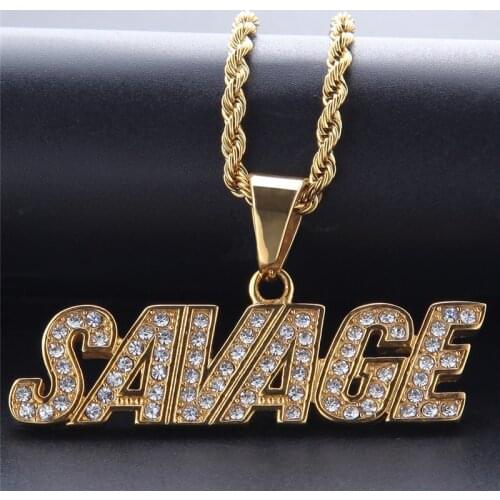 Golden Stainless Steel Letters SAVAGE Pendant Pave Rhinestone Designer Necklace Trendy Hip Hop Rock Party Jewelry