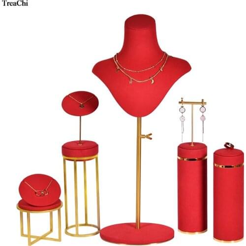 Promotion Gold Metal Jewelry Display Rack Counter ShowCase Red MIcrofiber Ring Earring Necklace Pendant Jewelry Organizer Stand