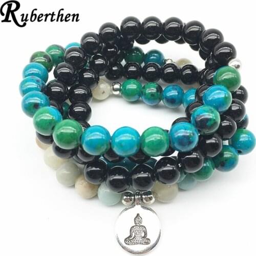 Ruberthen Healing Yoga Bracelet New Design Women`s Wrap Bracelet Amazonite Black Onyx 108 Mala Necklace Bracelet Drop Shipping