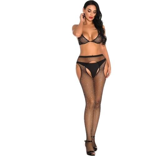 Open Crotch Women Tights Sexy Women Stockings Bra Set Rhinestone Shiny Fishnet Medias Collant Femme Glitter Lingerie HB12-1