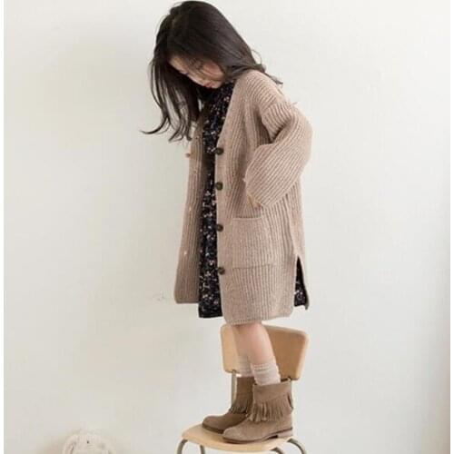 Girls Sweater Autumn Winter Big Girls Khaki V Collar Knitted Long Cardigan Kids Top&outwear Children Clothing