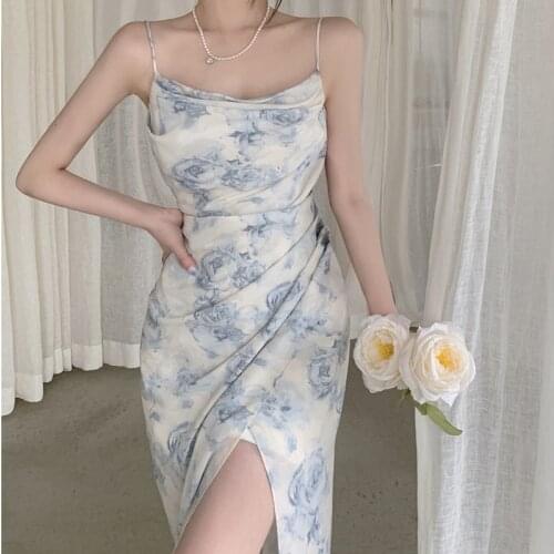 Vintage Floral Print Chiffon Ruched Midi Dress Womens Summer Fashion Elegant Sleeveless Split Mid Long Dresses Party Clubwear