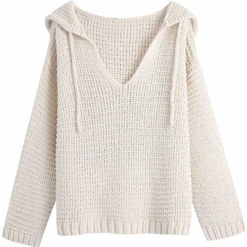 Xikom Women 2021 Fashion With Drawstring white V Neck Oversize Knitted Hoodie Vintage Long Sleeve Female Pullovers Chic Tops