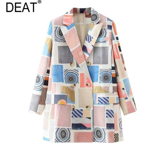 [DEAT] Women Printed Hit Color Leisure Blazer New Lapel Long Sleeve Loose Fit Jacket Fashion Tide Spring Autumn 2021 13T868