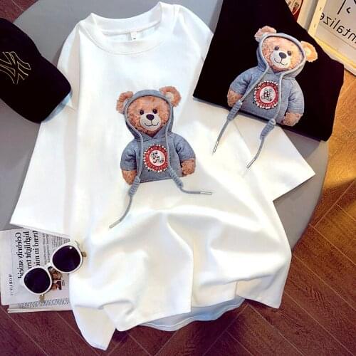 New Summer Womens Vintage Black White Cotton T-shirt Tops Cartoons Diamond Long Tees Fashion Short-Sleeved Loose Pullover Tshirt