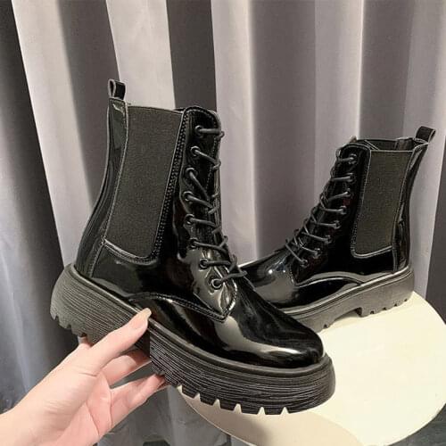 Women Boots Ankle Short Shoes Autumn Patent leather Lace up Ladies Female Pu Non Slip Winter Footwear 2020 Shoes Woman