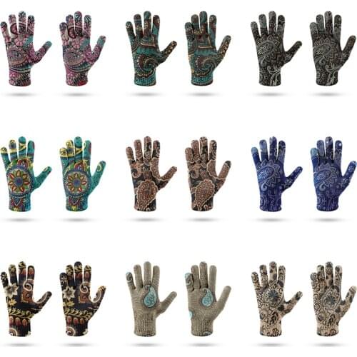 3D Retro Ethnic Style Ladies Gloves Winter Warm Mandala Full Finger Glove Womens Touch Screen Mobile Phone Cold-Proof Mitten