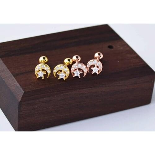 925 Sterling Silver Earring Fashion Zircon Star Moon Cat Screw Stud Earring Ear Bone Nail Cute Wild Female Girl Silver Jewelry