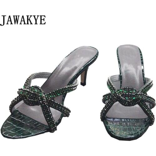 New Crystal Knotted Thin High Heels Women Slippers Hollow Outs Braid Stone Grain Leather Party Slides Sexy Runway Sandals Women