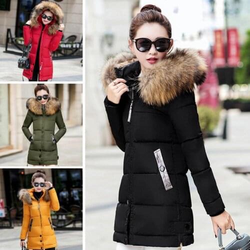Women Winter Warm Faux Fur Collar Slim Fits Hooded Cotton Coat Midi Down Jacket Faux fur collar & hooded design perfect gifts