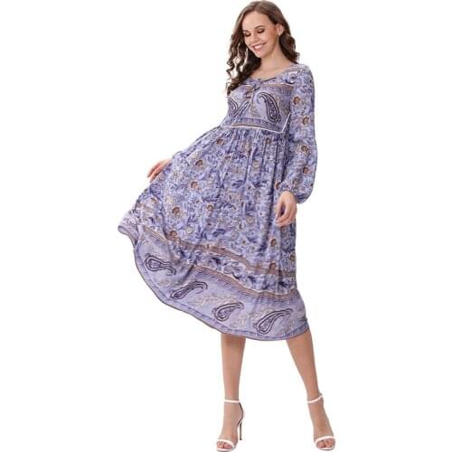 100% viscose vintage print long dress boho loose long sleeve autumn women dresses very soft M30546