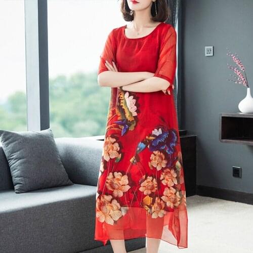 Imitate Real Silk Dress 2019 Summer High quality Women Clothing Elegant Print Mom Dress Fake Two Pieces Dress Plus Size Vestidos
