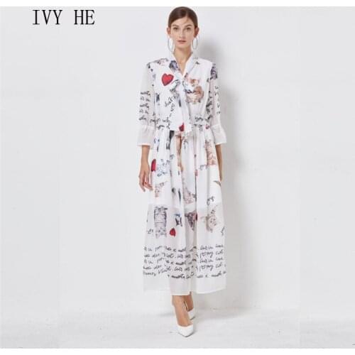 IVY HE High Quality Summer Dress Woman Clothing Bohemian Cat Print Bow Holiday Midi Long White Dress Traf Robe ZA Party Dresses