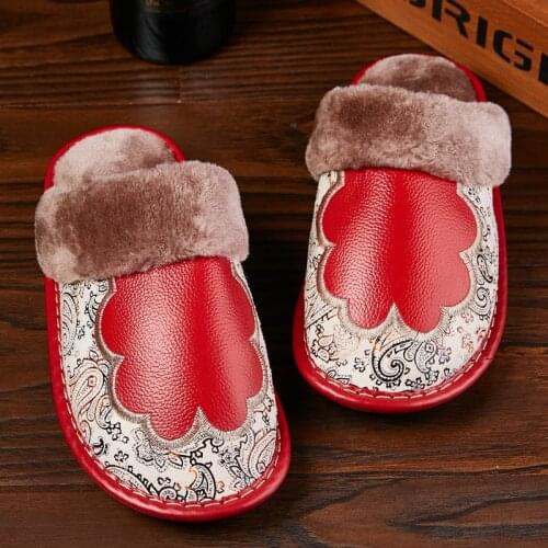 Mn Women Winter Plush Leather Slippers Non-Slip Indoor Slides Ladies Warm House Flat Shoes Woman Home Slipper Unisex Big Size