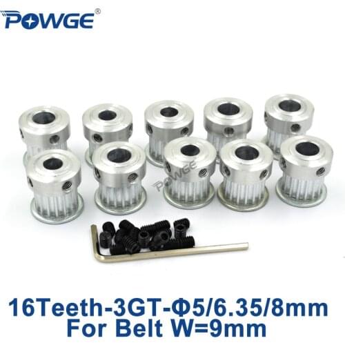 POWGE 10pcs 16 Teeth 3GT Timing Pulley Bore 5/6.35/8mm for width 9mm 3MGT GT3 Open Belt Small Backlash Timing pulley 16Teeth 16T