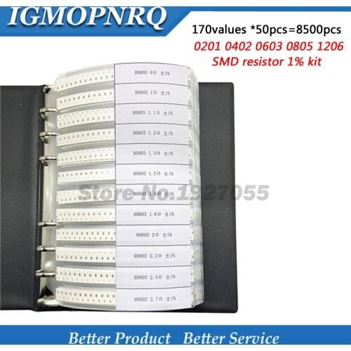 170values *50pcs=8500pcs 0201 0402 0603 0805 1206 SMD resistor 1% 0R~10M Sample Book Resistors Assortment Kit Resistors
