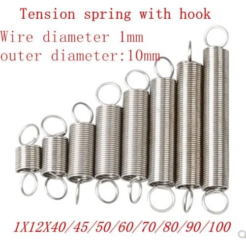2Pcs Wire Dia 1.0mm 304 Stainless Steel Dual Hook Small Tension Spring Hardware Accessories Outer Dia 12mm Length 40-100mm