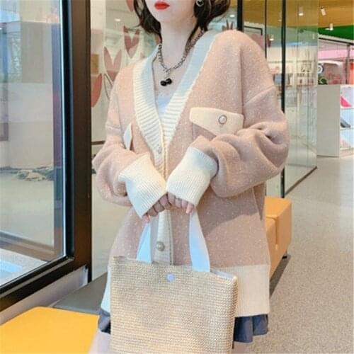 2020 Autumn Winter Knitted Sweaters Cardigans Women Korean Thick Panelled Cardigan Coat Loose Outwear Ladies Sweet Jacket