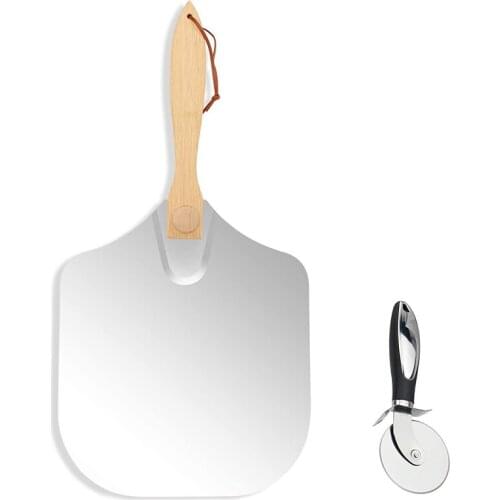Pizza Peel Aluminum Pizza Paddle - Extra Stainless Pizza Cutter Wheel, Pizza Spatula with Foldable Wooden Handle