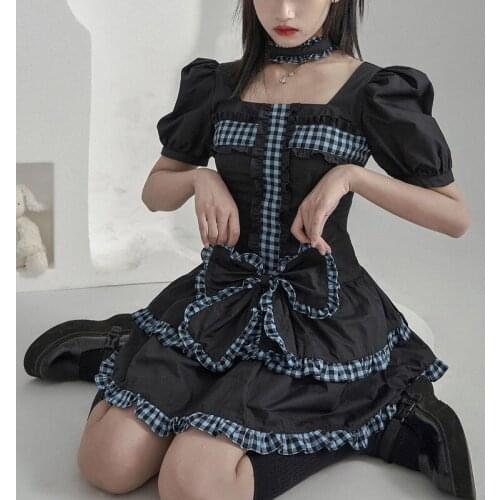 One-Piece Japanese Sweet Lolita Dress Cute Soft Girl Kawaii Square Collar Dress 2021 Summer Dark Gothic Plaid Puff Sleeve Dress