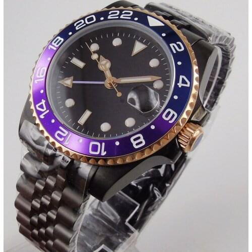 BLIGER Brand Male Mechanical Men Watch Black Dial GMT Hand Jubilee Band Rotating Bezel Sterile Dial