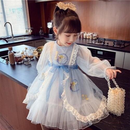 Appliques Dress for Kids 2021 Fashion Autumn Clothing Lantern Sleeve Lace Patchwork Princess Dress Girls Layered Dresses