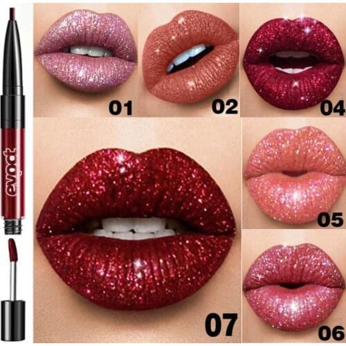 2 In 1 Double Head Diamond Lipstick Lip Gloss & Lip Liner Waterproof Lipstick Super Flash Lip Gloss Non-stick Cup Lip Liner Pen