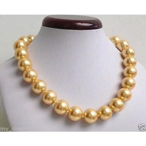 Hot sale new Style LONG 14MM GOLD SOUTH SEA SHELL PEARL BEADED NECKLACE 18 inch Genuine Lucky Ladys jewelry Fine Womans