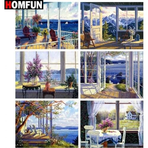 HOMFUN Full Square/Round Drill 5D DIY Diamond Painting "Venster Zee Landschap" Embroidery Cross Stitch 5D Home Decor Gift