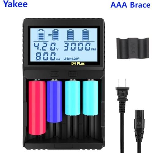 Yakee D4 Plus LCD Smart Battery Charger for Li-ion IMR ICR NiMH LiFePO4 3.7V 18650 14500 26650 21700 AAA AA Discharger Function