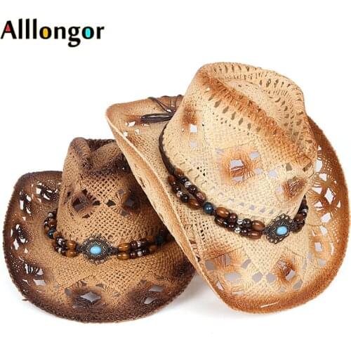 Fashion Summer 2021 Men Cowboy Hat Women Retro Vintage Turquoise Leather Strap Cowboy Cowgirl Caps Western Summer Beach Sun Hat