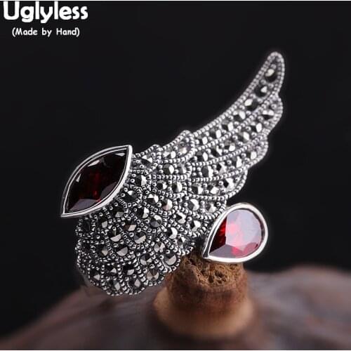 Uglyless Exaggerated Big Size Marcasite Wing Rings Women Creative HIP HOP Performance Open Rings 925 Silver Garnet Jewelry R859