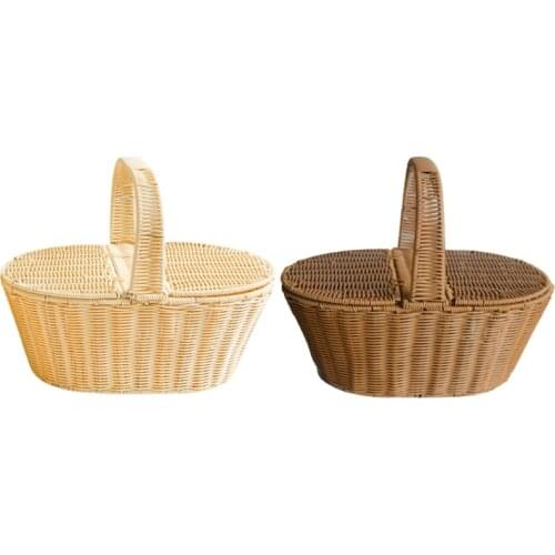 Picnic Basket Woven Rattan Basket with Lid Camping Storage Bread Fruit Food Breakfast Flower Display Box Kitchen Orginazer Home