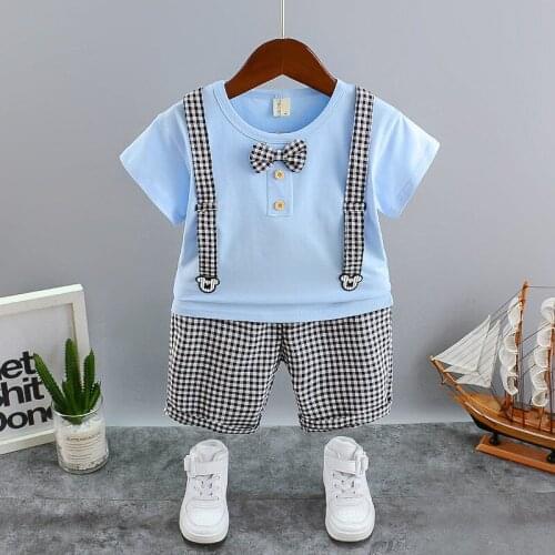 Trendy Childrens Summer Clothing Cool Boys Suit Cotton Short T-shirt And Pants Set Sky Blue White Clothes Gift For Kids 1-4 T