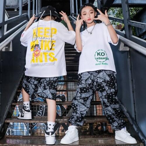 Fashion Hip Hop Dance Clothes For Kids Loose Short Sleeved Cargo Pants Suit Girls Jazz Street Dance Wear Rave Clothes DN9487