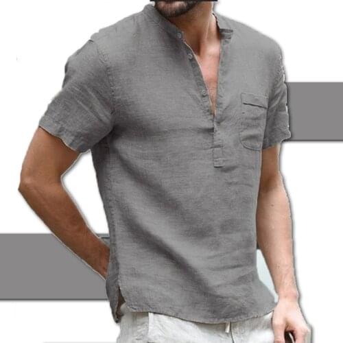 Fashion Plain Color Slim Elegant Linen Shirt Solid Color Cotton Linen Shirt Mens Casual Short-sleeved Shirt