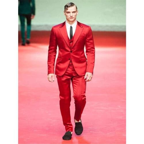 Italy Style Red Satin Groom Tuxedos Slim Fit 3 Piece Mens Wedding Prom Party Suits Bridegroom Groomsman Suit (Jacket+Pants+Vest)