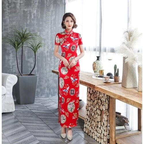 Elegant Women Long Cheongsam Improved Summer New Retro Girls Qipao Chinese Style Dress Slim Red Dresses
