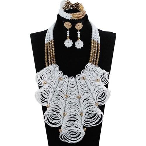 Luxury White Beads Bib Wedding African Jewelry Sets for Women Indian Nigerian Bridal Gold Crystal Jewellery Set WE160